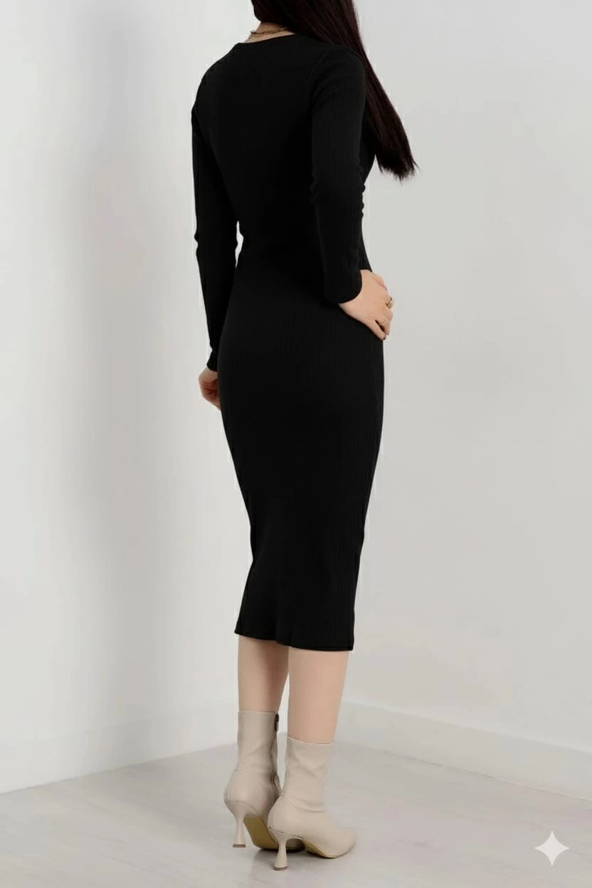 Fermuar detaylı fitilli şardonlu elbise siyah