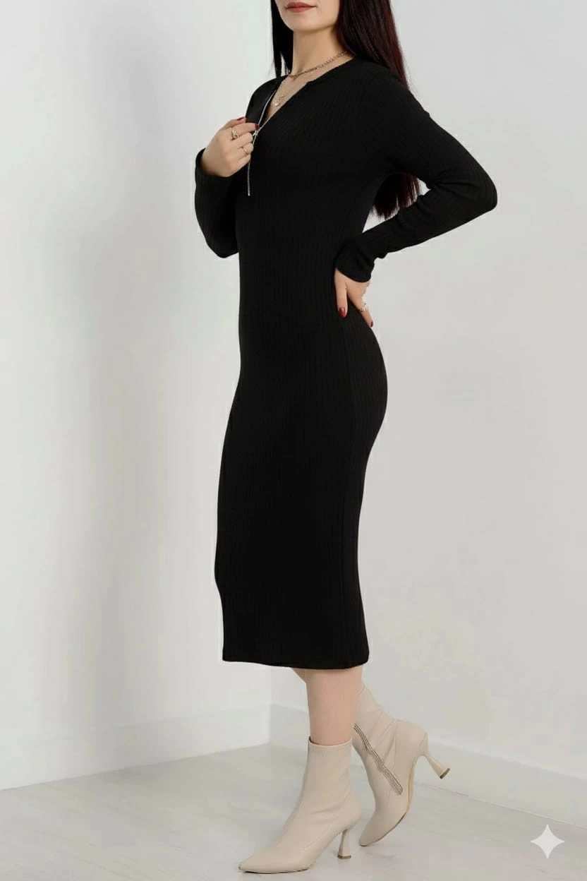 Fermuar detaylı fitilli şardonlu elbise siyah