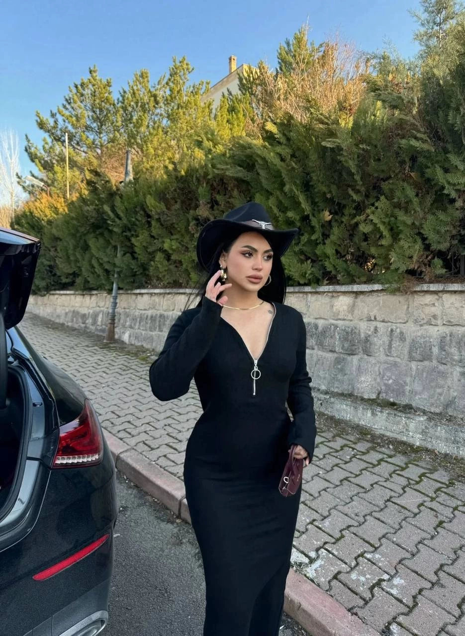 Fermuar detaylı fitilli şardonlu elbise siyah