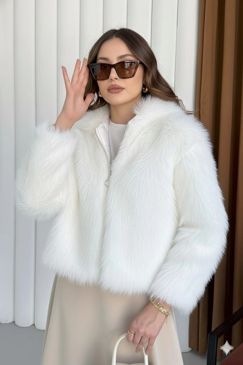 Premium Fermuarlı Kısa Kürk Beyaz