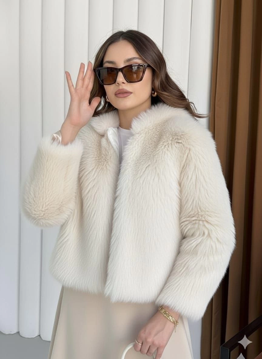 Premium Fermuarlı Kısa Kürk Ekru