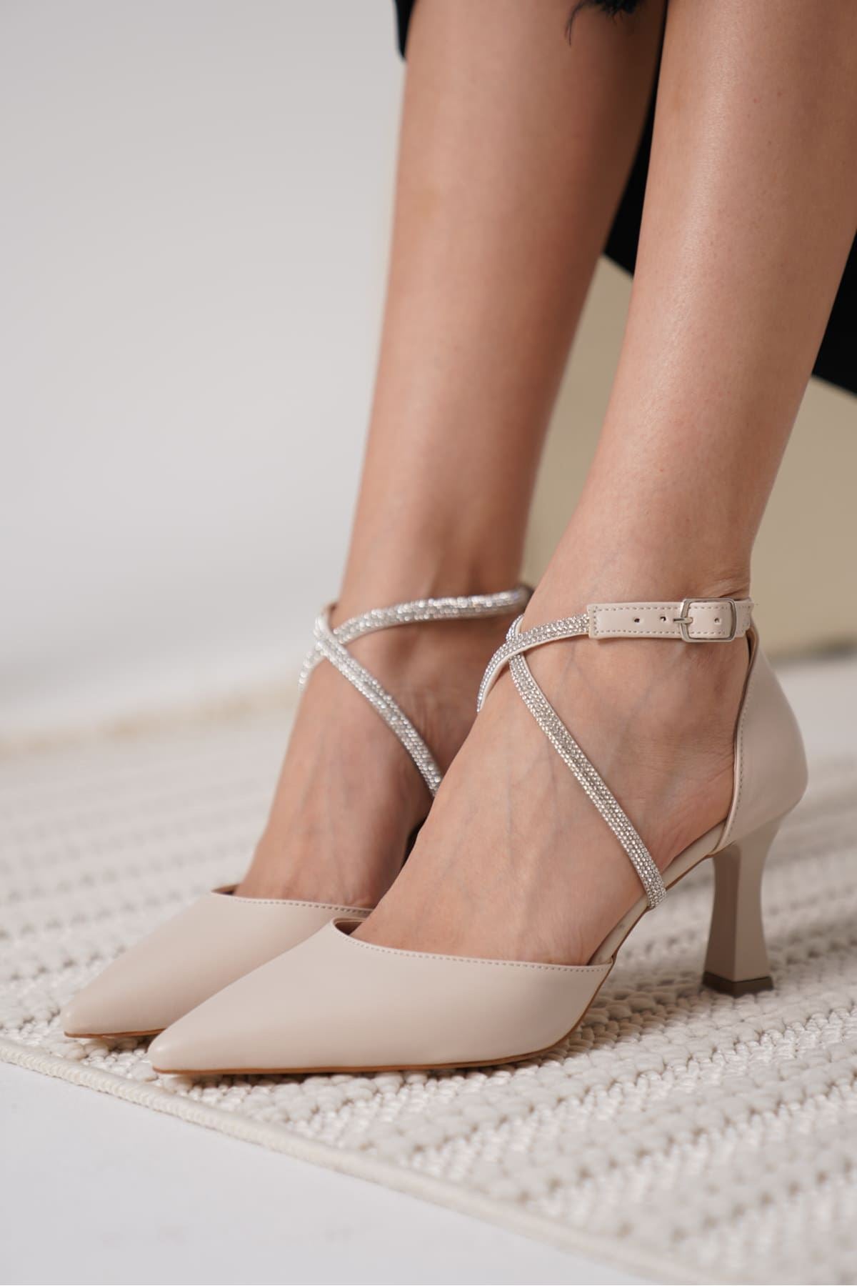 Fiona Premium Stoned Women's Beige Heeled Shoes