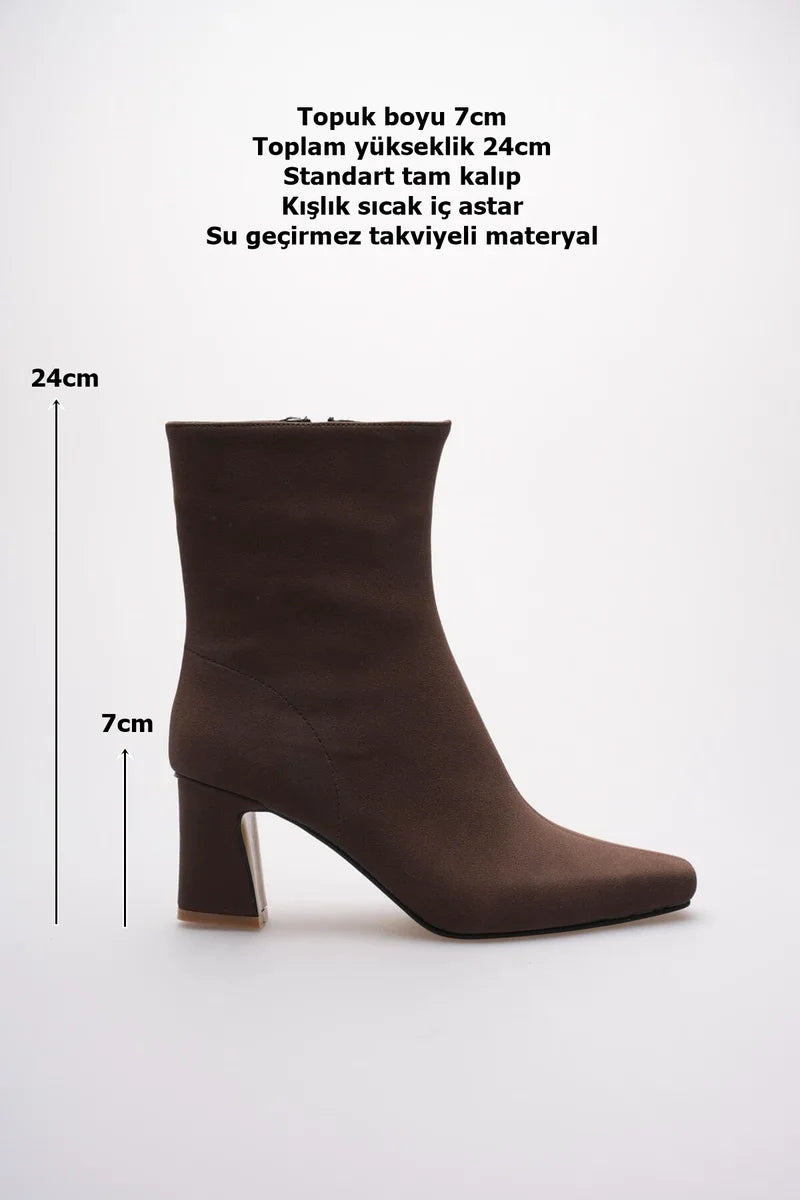 ZRCB3 Luxe Acı Kahve Süet Kalın Topuklu Fermuarlı Kışlık Bot (7cm)