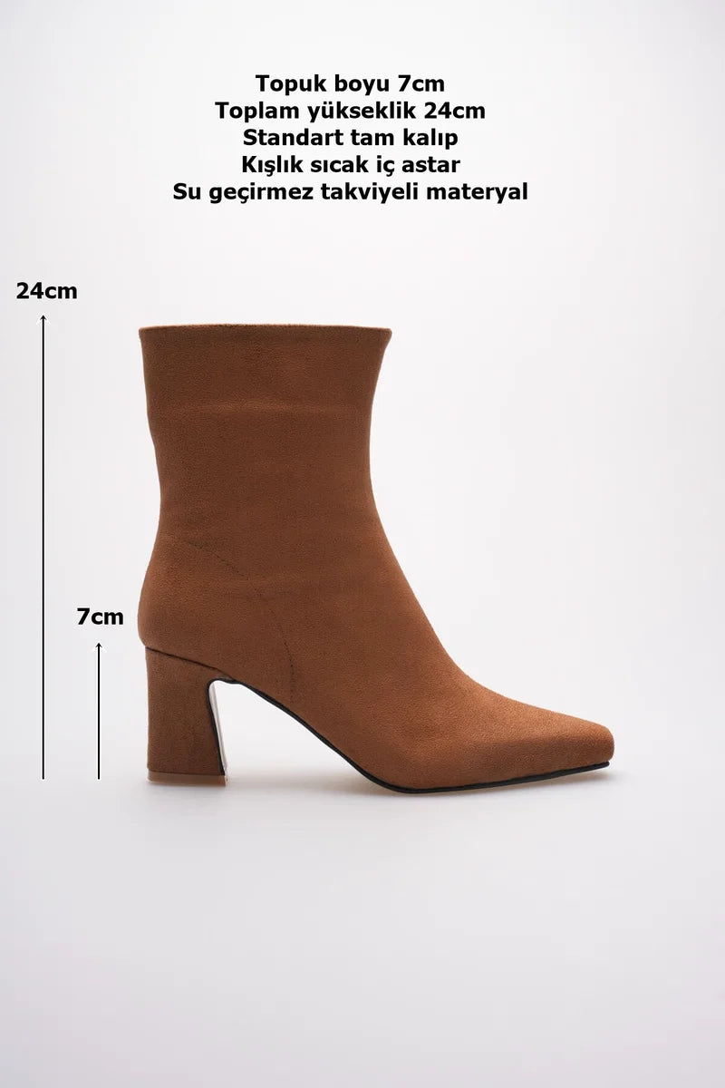 ZRCB3 Luxe Taba Süet Kalın Topuklu Fermuarlı Kışlık Bot (7cm)