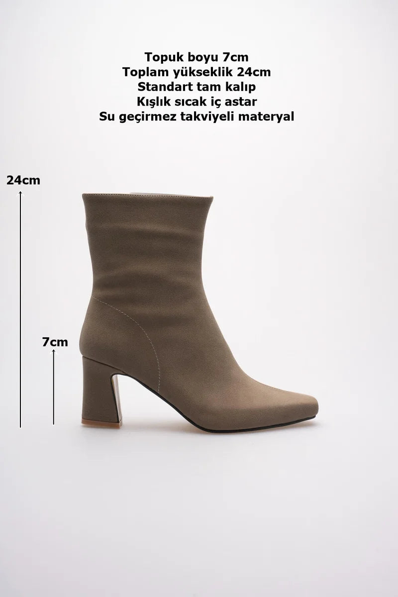 ZRCB3 Luxe Vizon Süet Kalın Topuklu Fermuarlı Kışlık Bot (7cm)