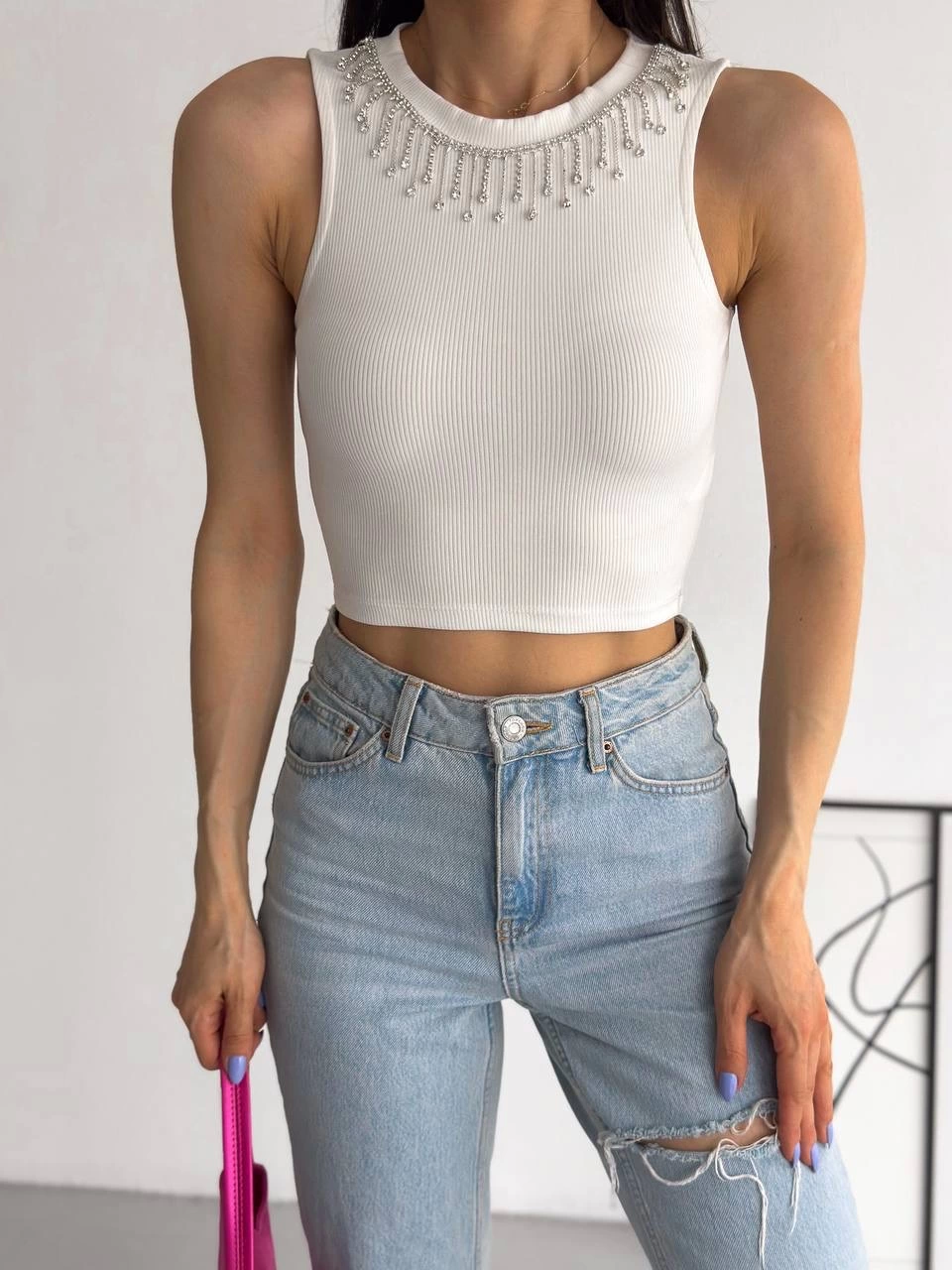Ribbed Camisole with Chain Collar Undershirt White
