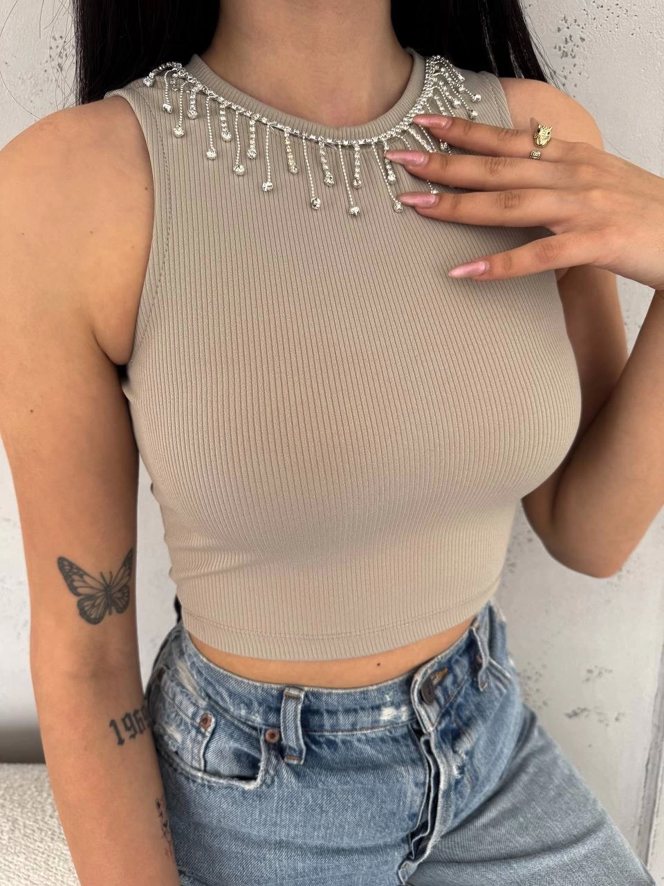 Ribbed Camisole with Chain Collar, Mink