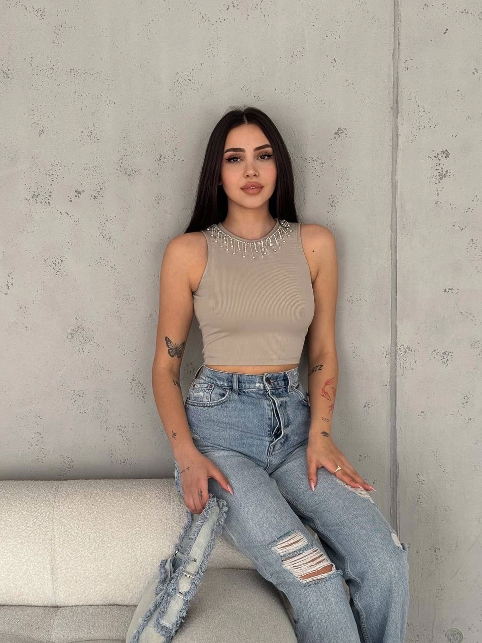 Ribbed Camisole with Chain Collar, Mink