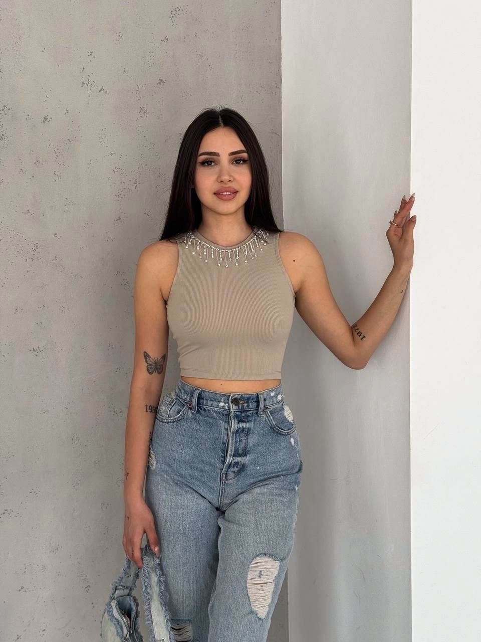 Ribbed Camisole with Chain Collar, Mink