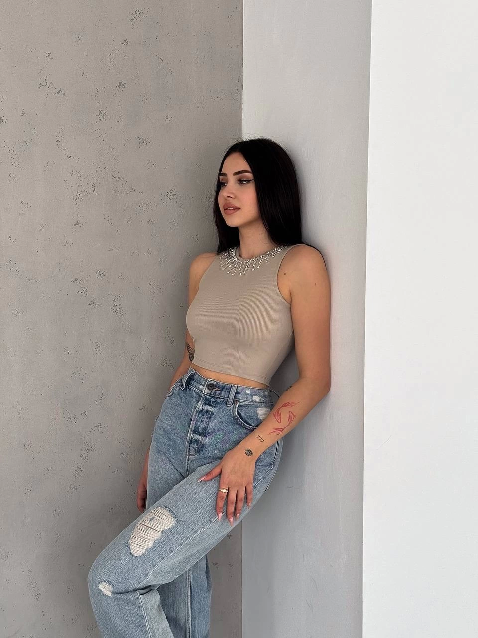 Ribbed Camisole with Chain Collar, Mink
