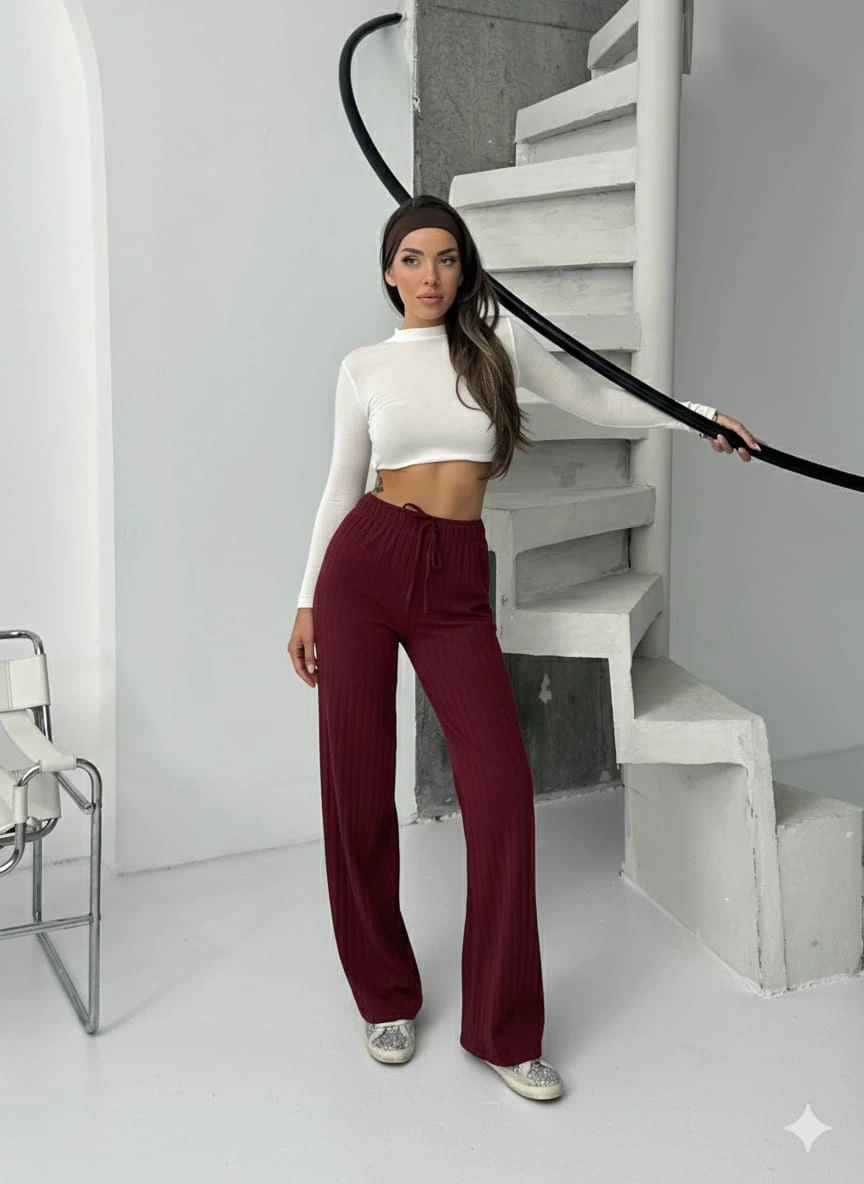 Fitilli Şardonlu Pantolon Bordo