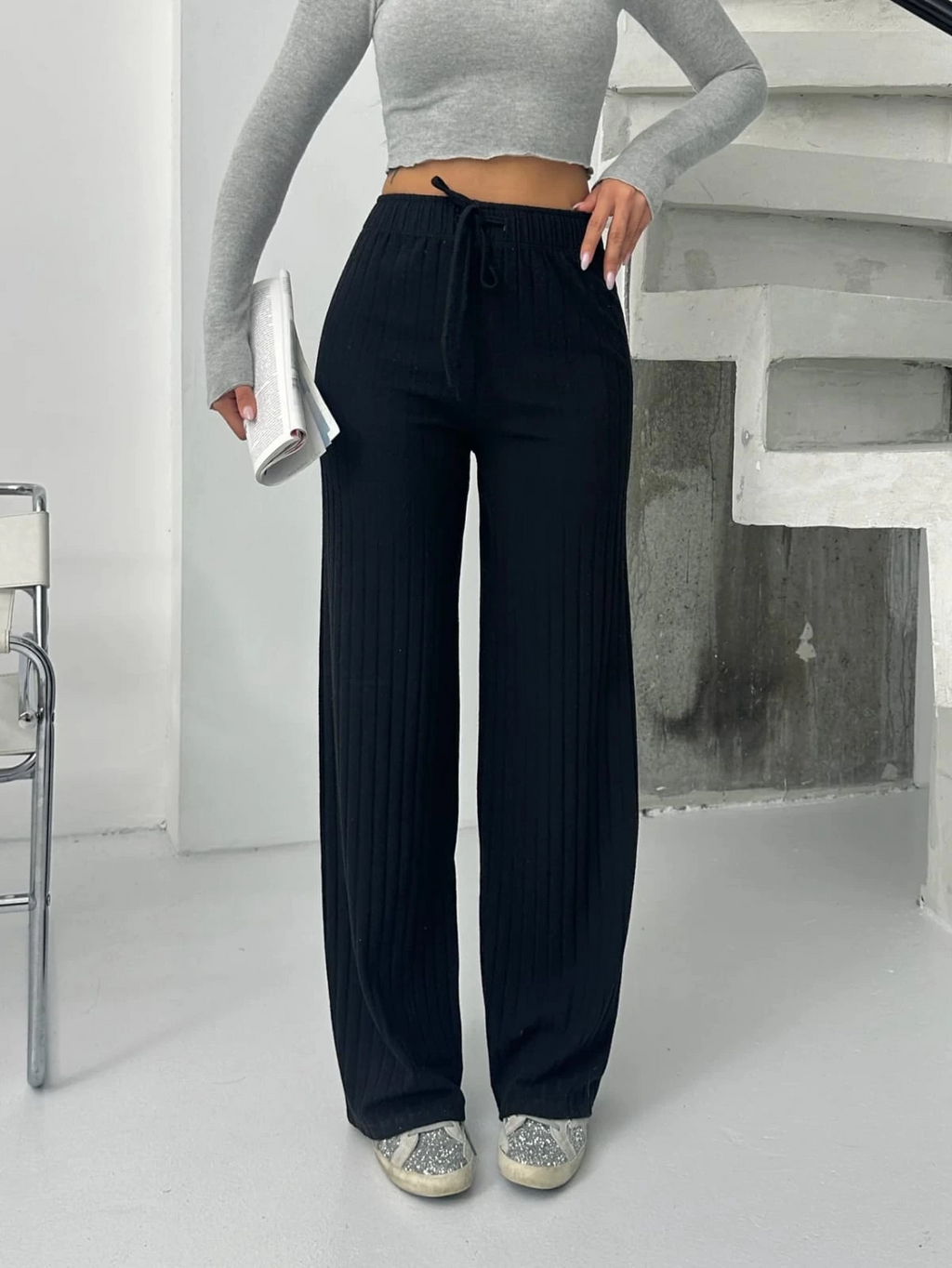 Fitilli Şardonlu Pantolon Siyah