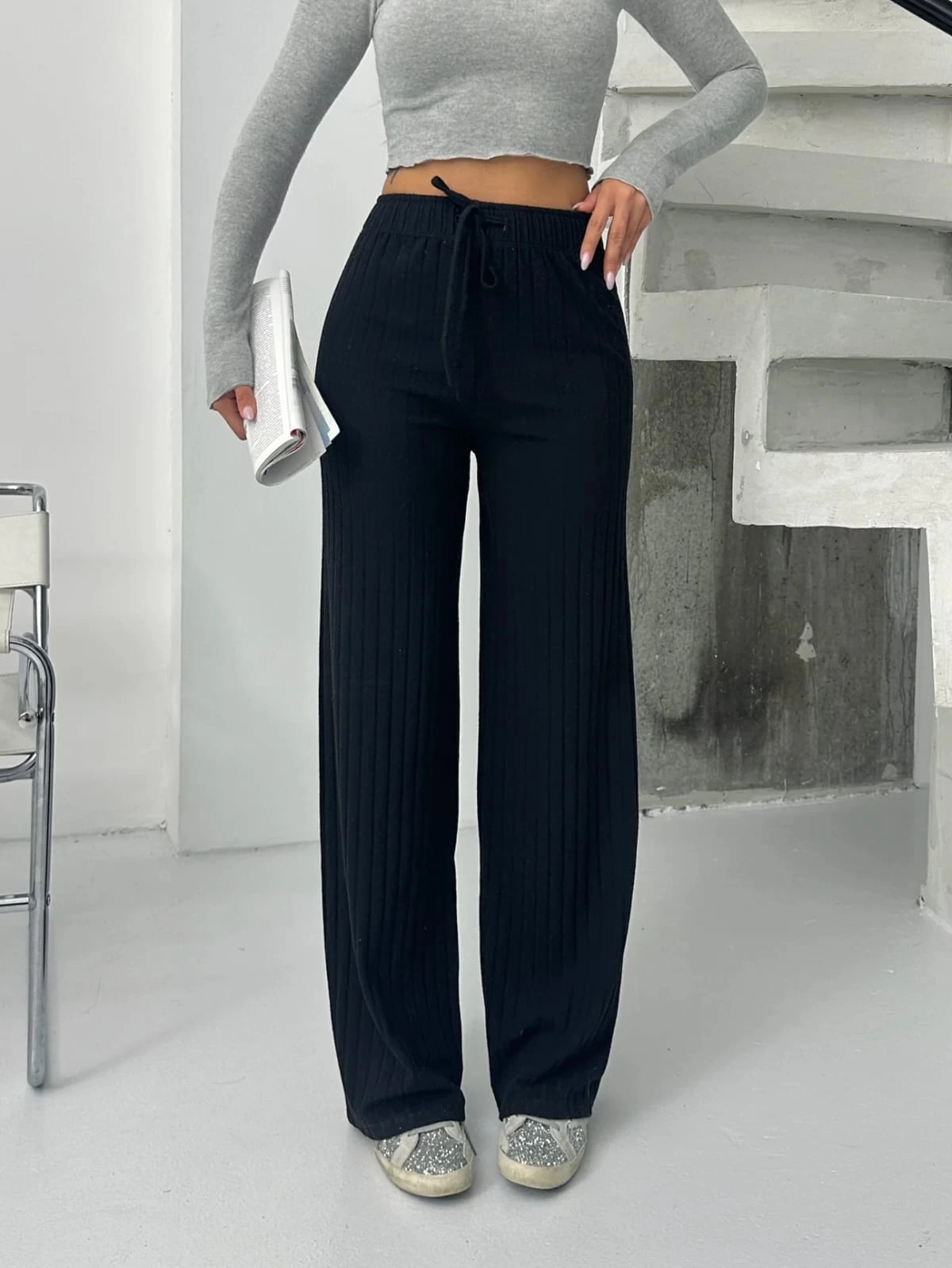 Fitilli Şardonlu Pantolon Siyah