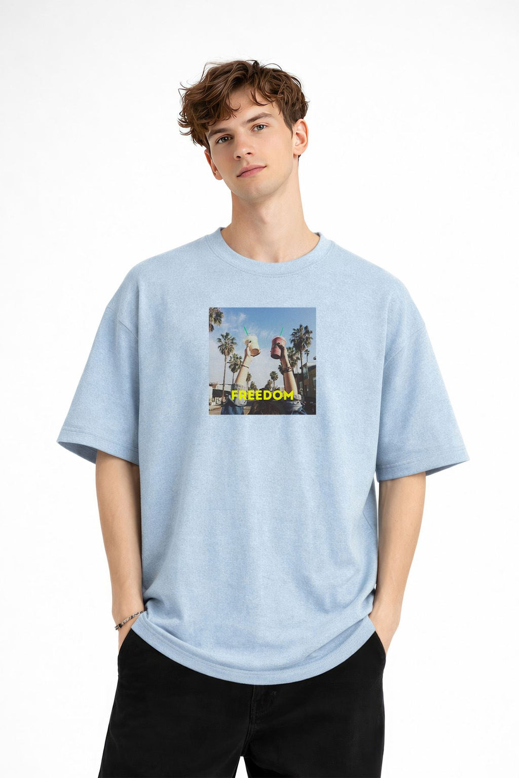 Freedom Baskılı - Premium Kumaş Oversize Erkek Kısa Kollu Tişört Bebe Mavisi