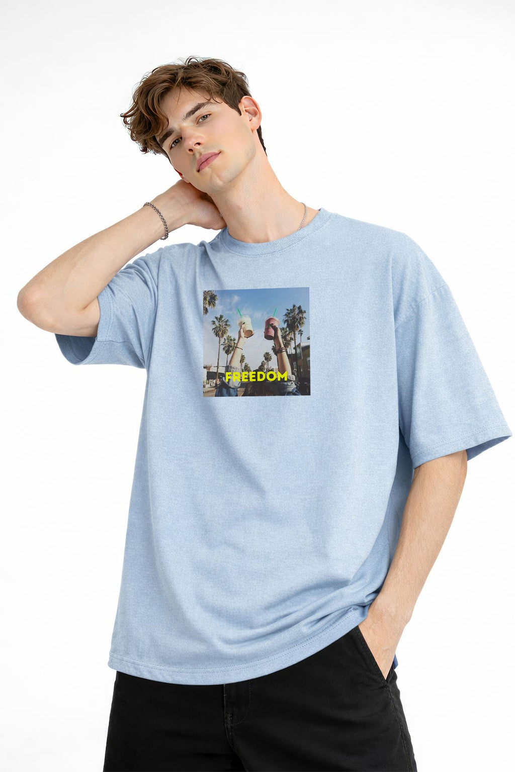 Freedom Baskılı - Premium Kumaş Oversize Erkek Kısa Kollu Tişört Bebe Mavisi