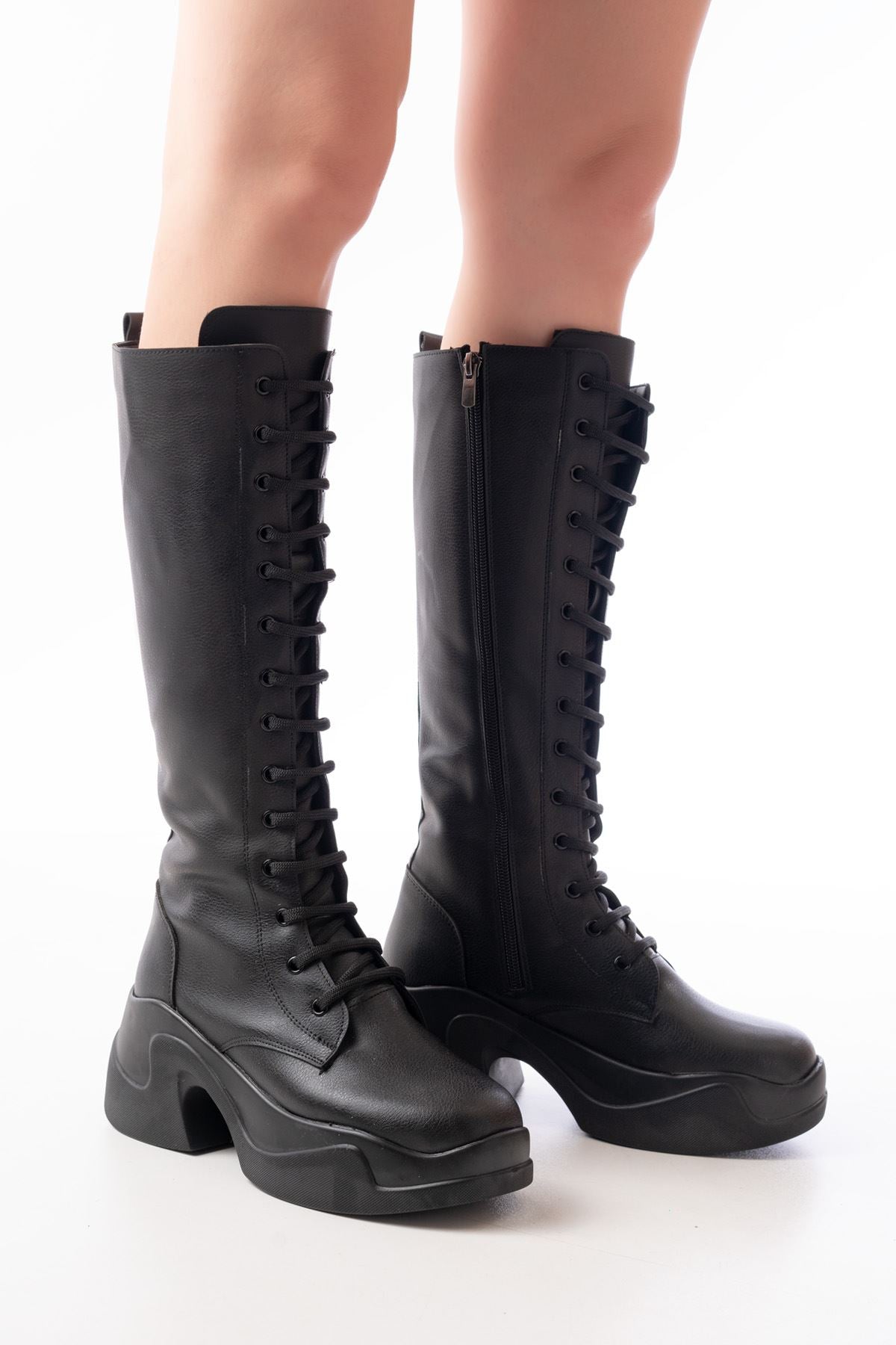 ZRİN-2450 Premium Siyah Yüksek Tabanlı Bağcıklı Fermuarlı Günlük Kadın Çizme