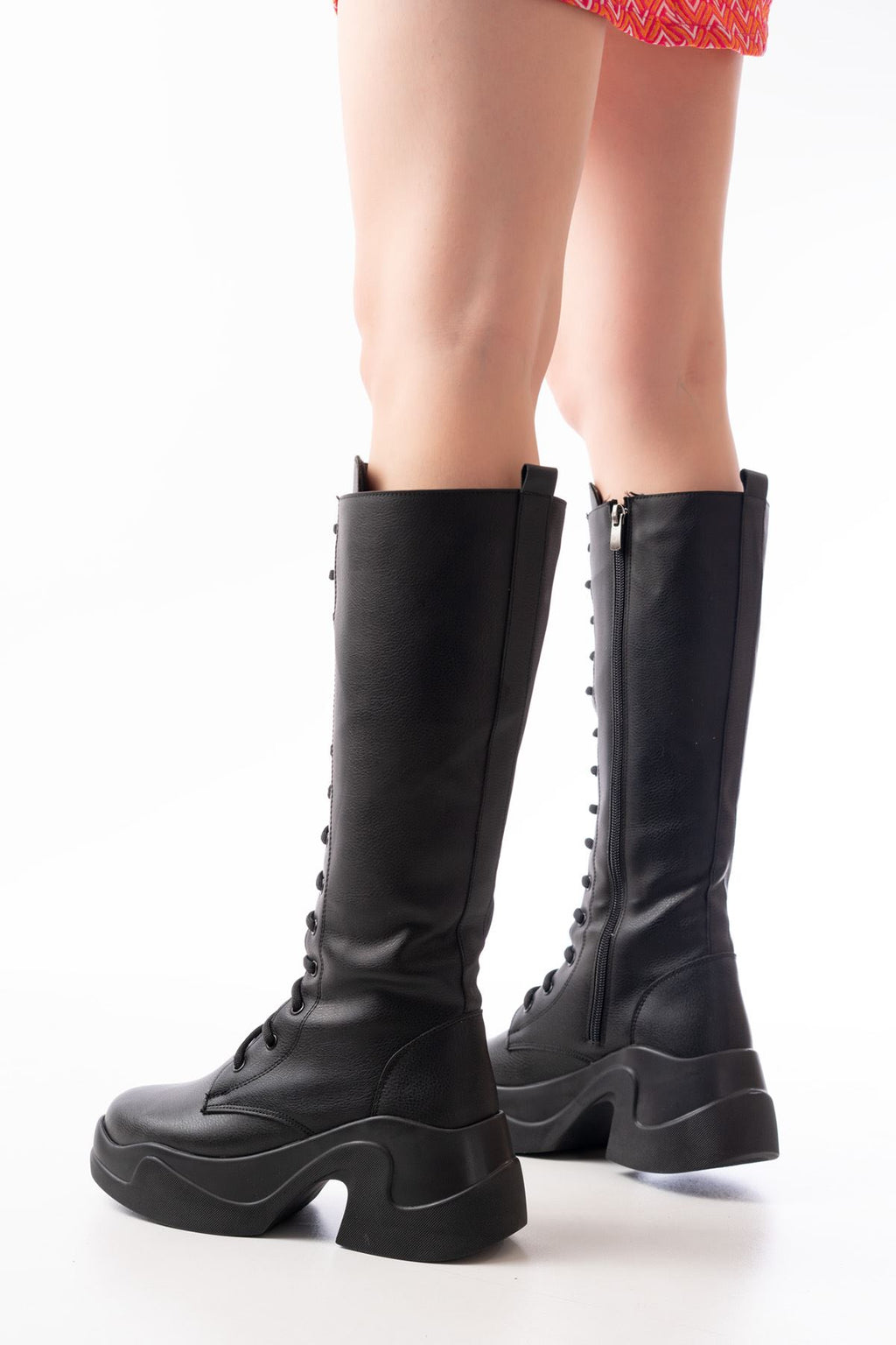 ZRİN-2450 Premium Siyah Yüksek Tabanlı Bağcıklı Fermuarlı Günlük Kadın Çizme