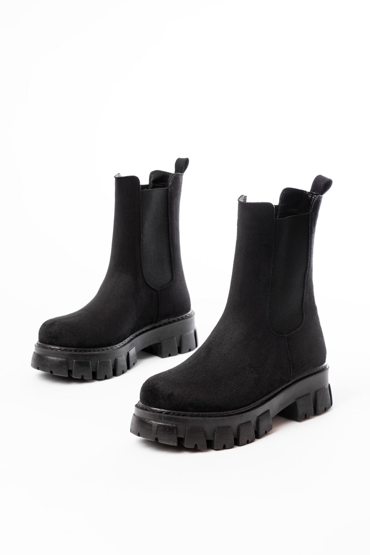 ZRİN-299 Premium Siyah Süet Yüksek Tabanlı Lastikli Günlük Kadın Bot