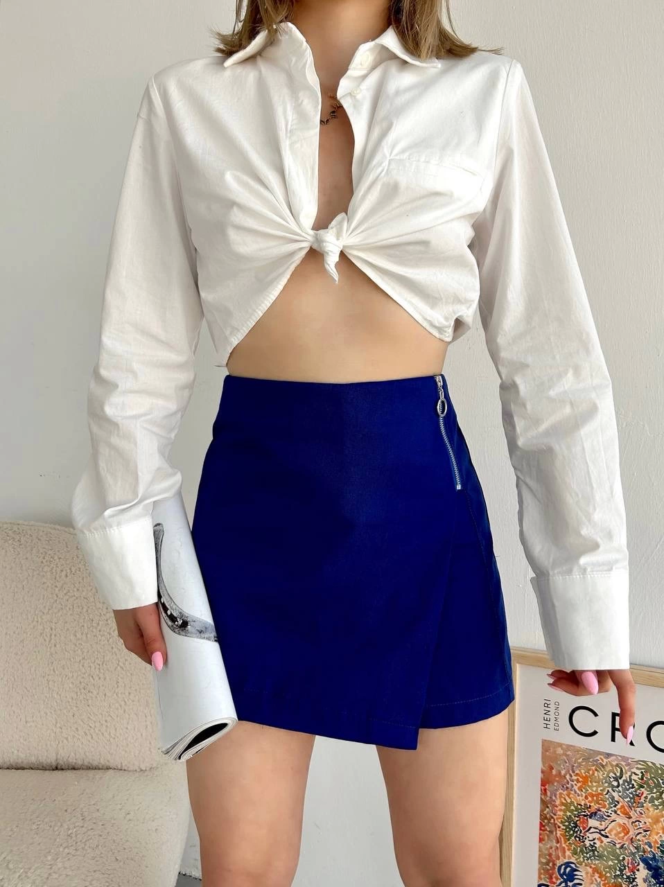 Gabardin Fermuarlı Şort Etek Saks
