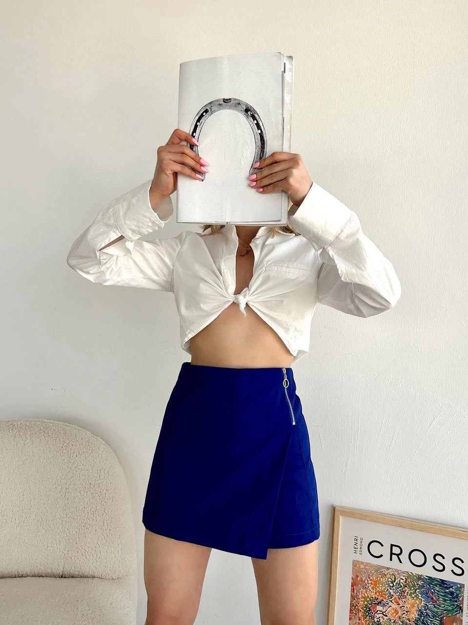 Gabardin Fermuarlı Şort Etek Saks