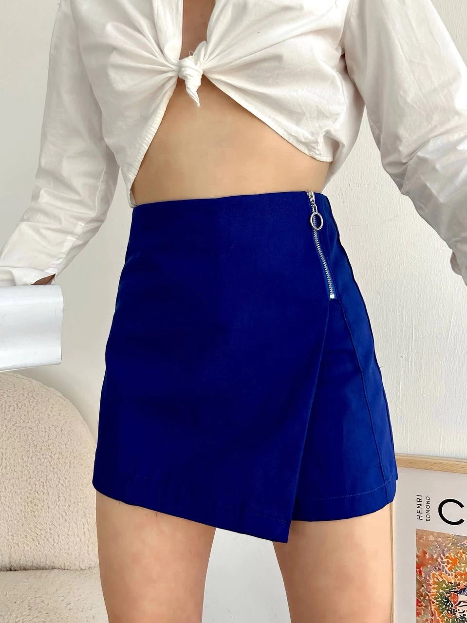 Gabardin Fermuarlı Şort Etek Saks