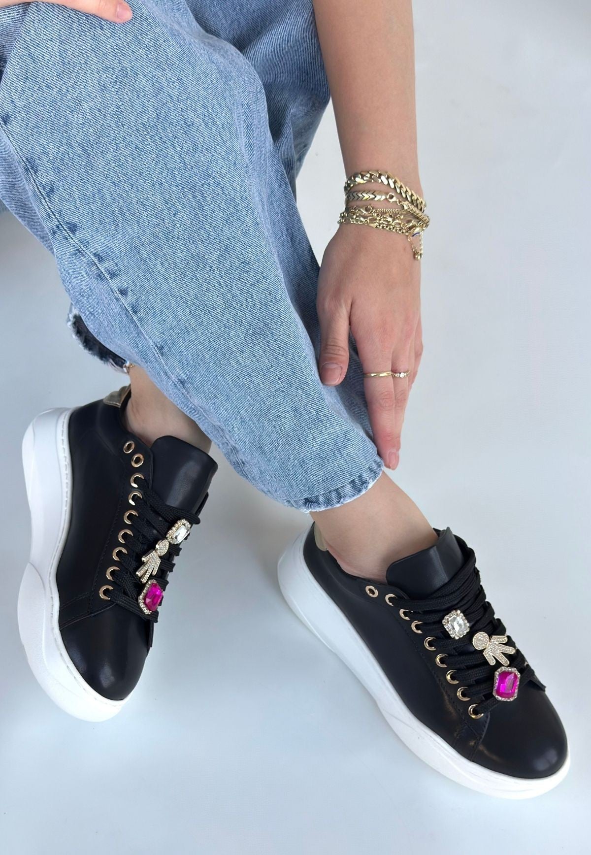 Lemda Premium Black Women's Lace-Up Sneakers with Stone Accessories