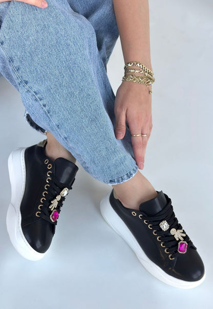 Lemda Premium Siyah Taş Aksesuarlı Bağcıklı Kadın Sneaker