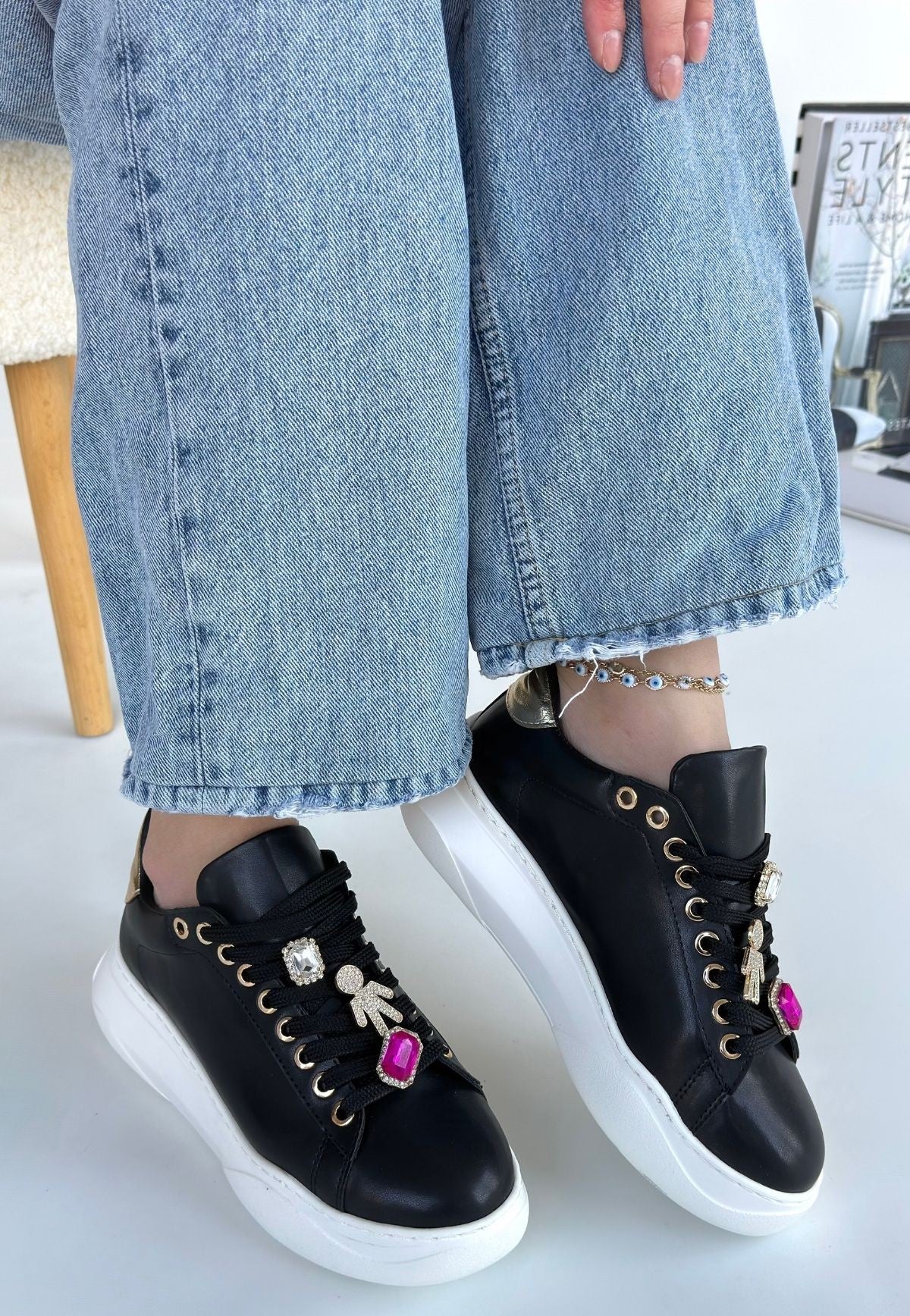 Lemda Premium Black Women's Lace-Up Sneakers with Stone Accessories