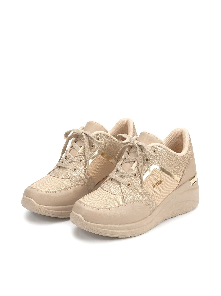 Geja Premium Bej Bağcıklı 5 cm Dolgu Kalın Topuk Bağcıklı Kadın Sneaker