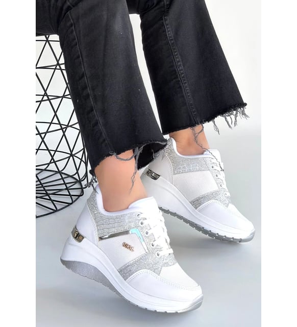 Geja Premium Beyaz Bağcıklı 5 cm Dolgu Kalın Topuk Bağcıklı Kadın Sneaker