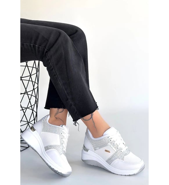 Geja Premium Beyaz Bağcıklı 5 cm Dolgu Kalın Topuk Bağcıklı Kadın Sneaker
