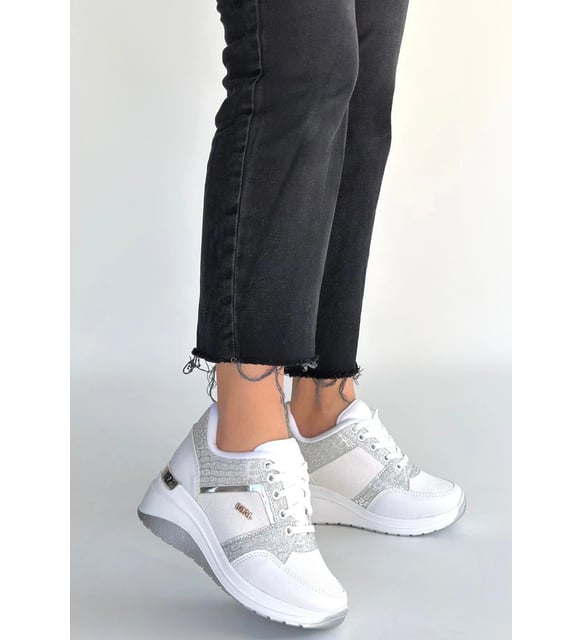 Geja Premium Beyaz Bağcıklı 5 cm Dolgu Kalın Topuk Bağcıklı Kadın Sneaker