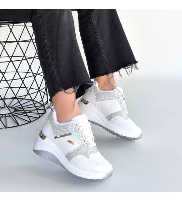 Geja Premium Beyaz Bağcıklı 5 cm Dolgu Kalın Topuk Bağcıklı Kadın Sneaker