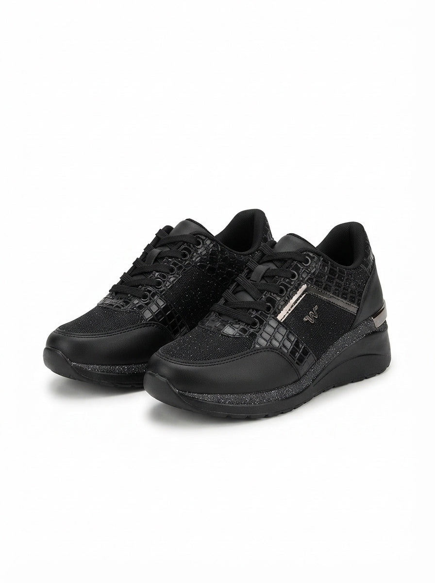 Geja Premium Siyah Bağcıklı 5 cm Dolgu Kalın Topuk Bağcıklı Kadın Sneaker