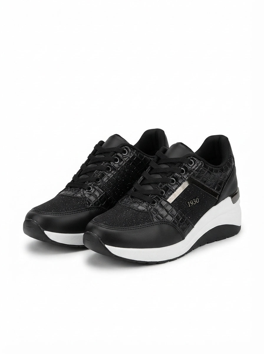 Geja Premium Siyah Beyaz Bağcıklı 5 cm Dolgu Kalın Topuk Bağcıklı Kadın Sneaker