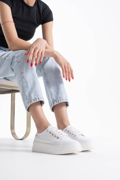 Glown Premium White Linen Women's Sneakers