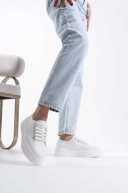 Glown Premium White Linen Women's Sneakers