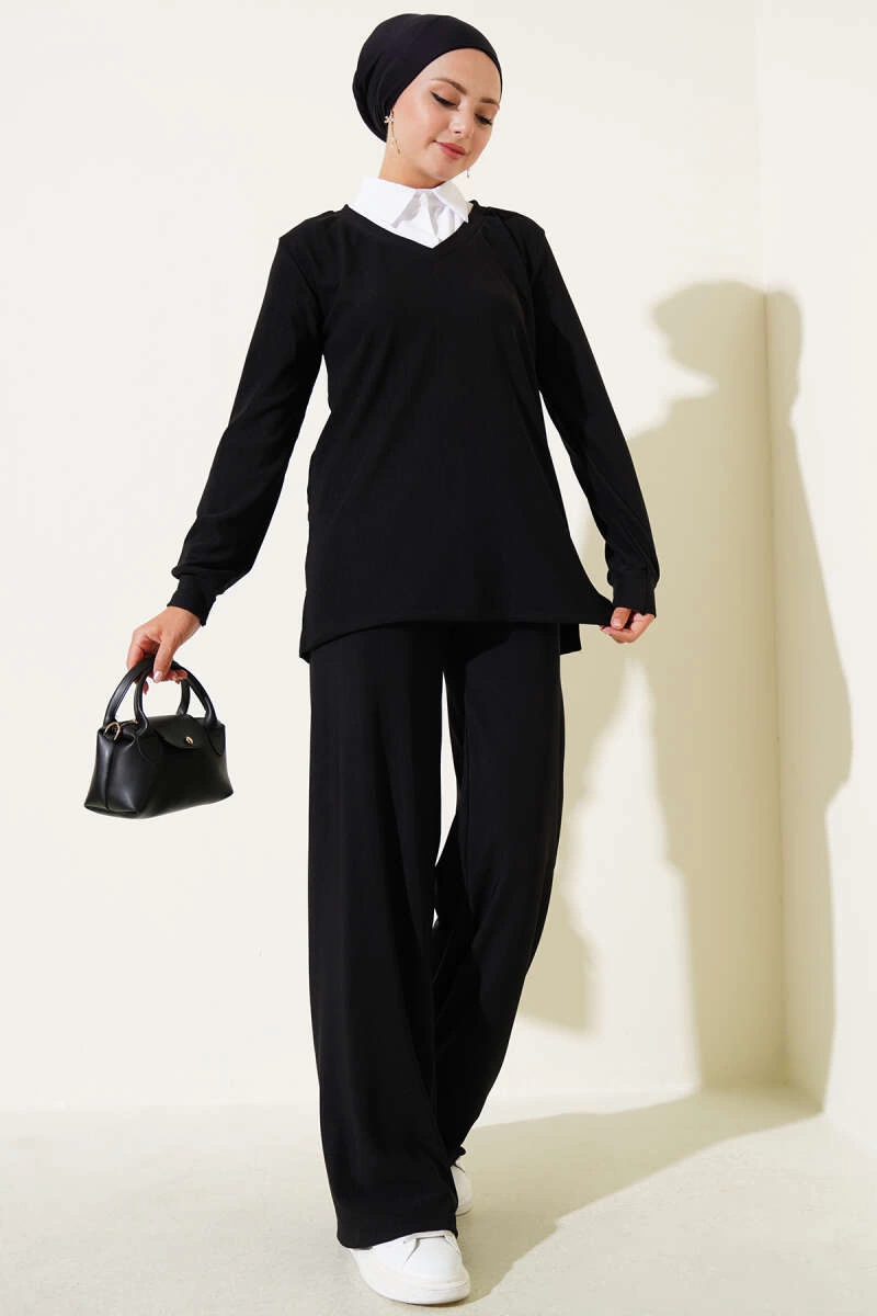 Gömlek Yaka Fitilli Salaş İkili Tesettür Takım Siyah