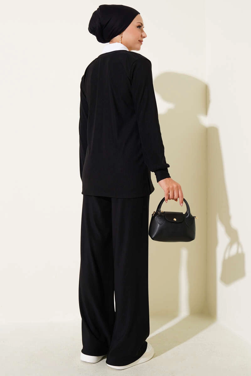 Gömlek Yaka Fitilli Salaş İkili Tesettür Takım Siyah