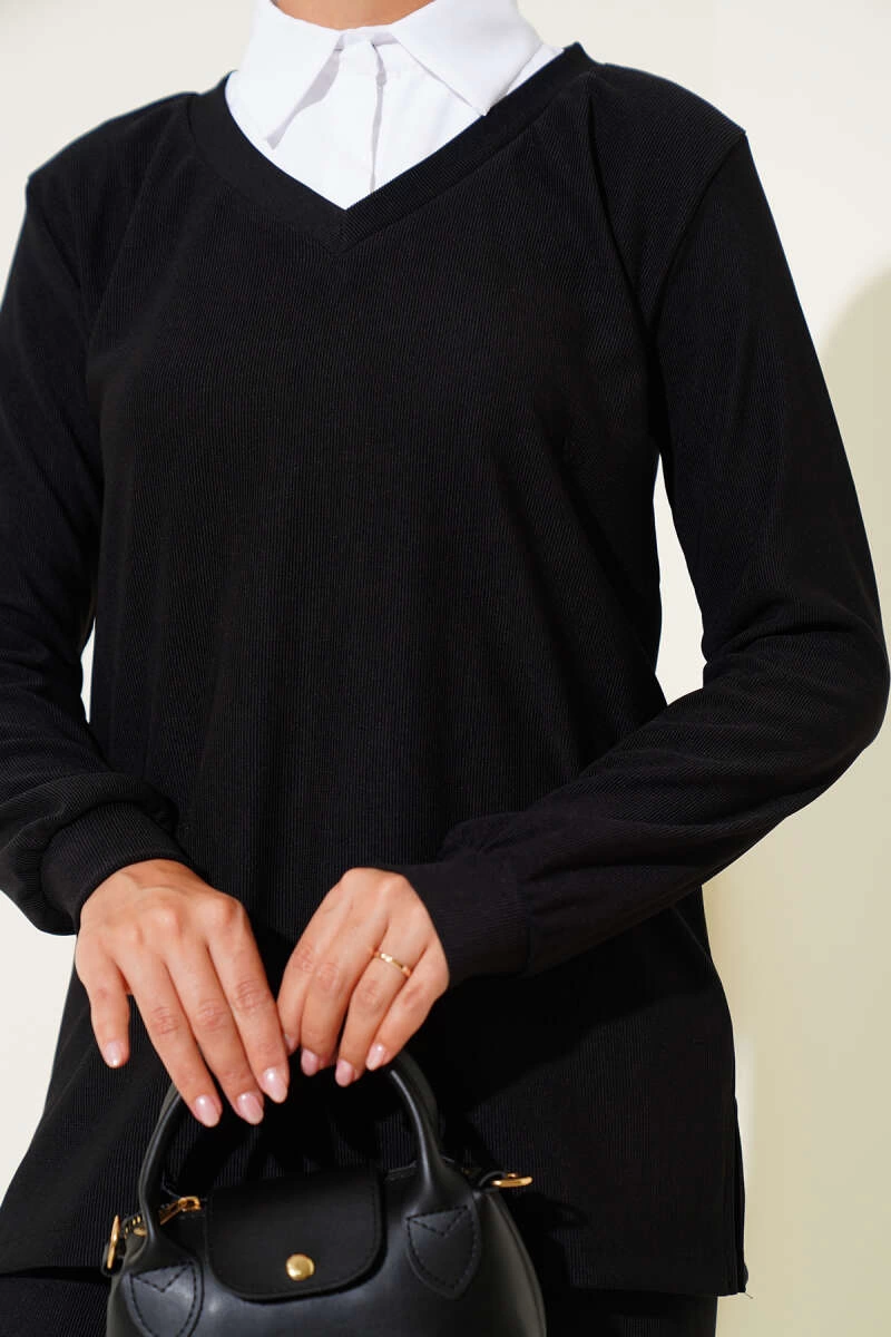 Gömlek Yaka Fitilli Salaş İkili Tesettür Takım Siyah