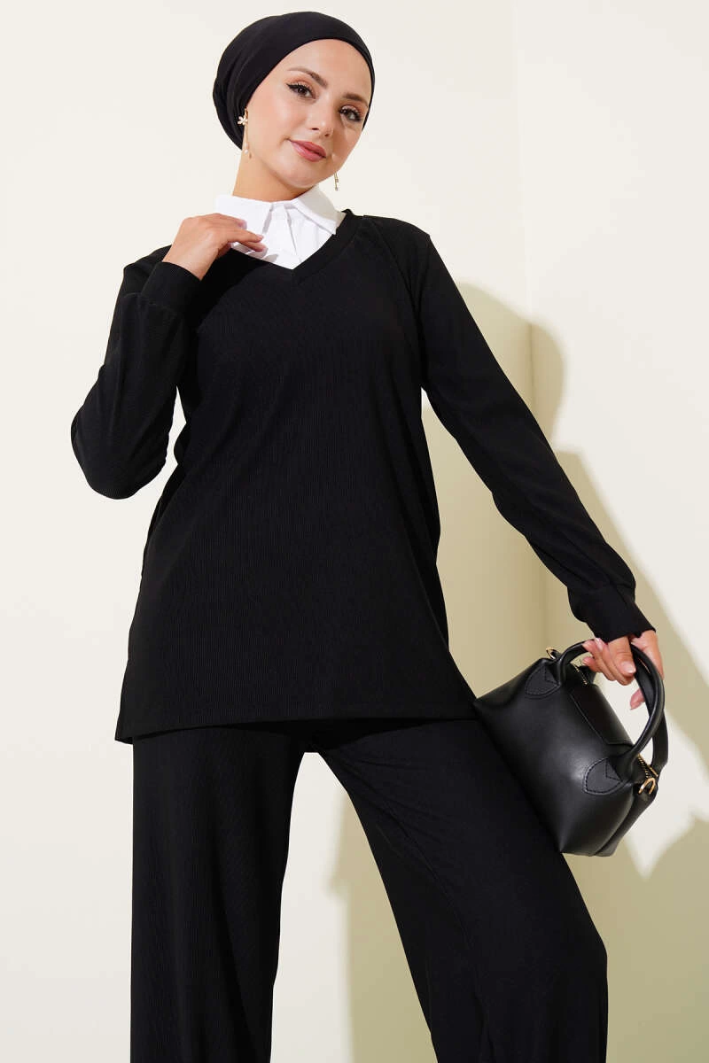 Gömlek Yaka Fitilli Salaş İkili Tesettür Takım Siyah