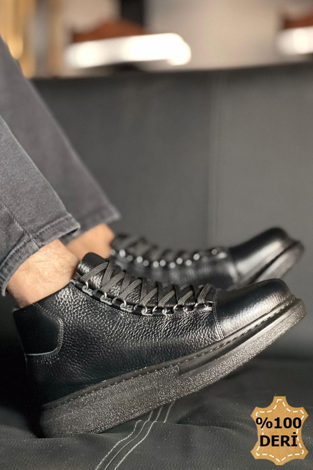 Gordes Hakiki Deri Premium Su Geçirmez Bağcıklı Erkek Bot Siyah