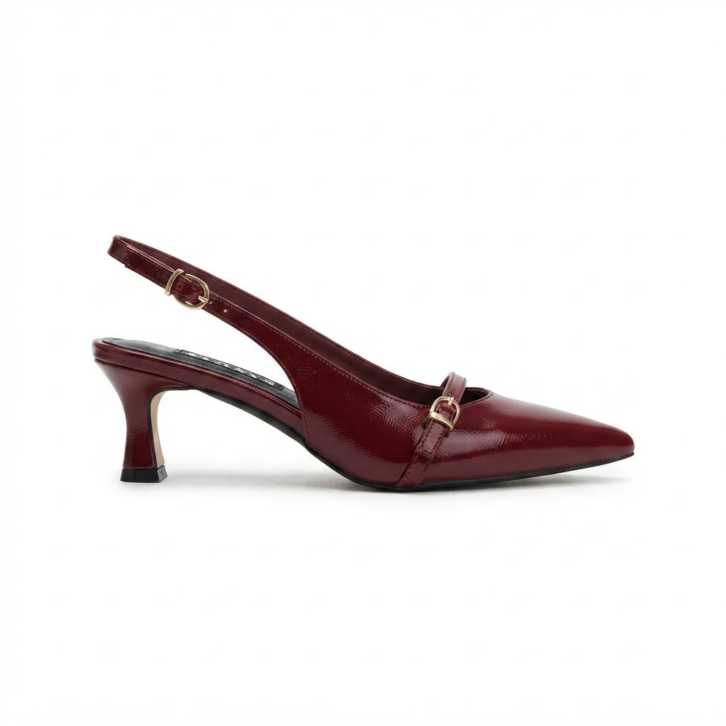 ZRIN-470 Burgundy Patent Leather Beret Buckle Open-Back Casual Women's Sandals