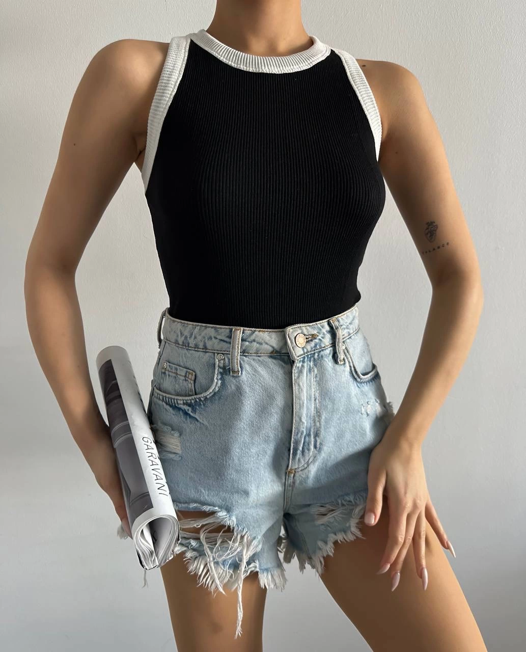 Halter Neck Blouse with Piping in Black and White