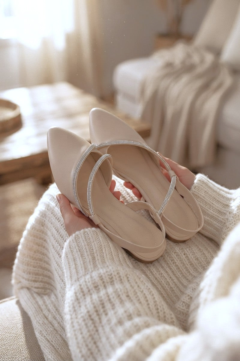 HANNAH Elastic Orthopedic Comfortable Sole Stone Detail Women's Ballet Flats - Cream
