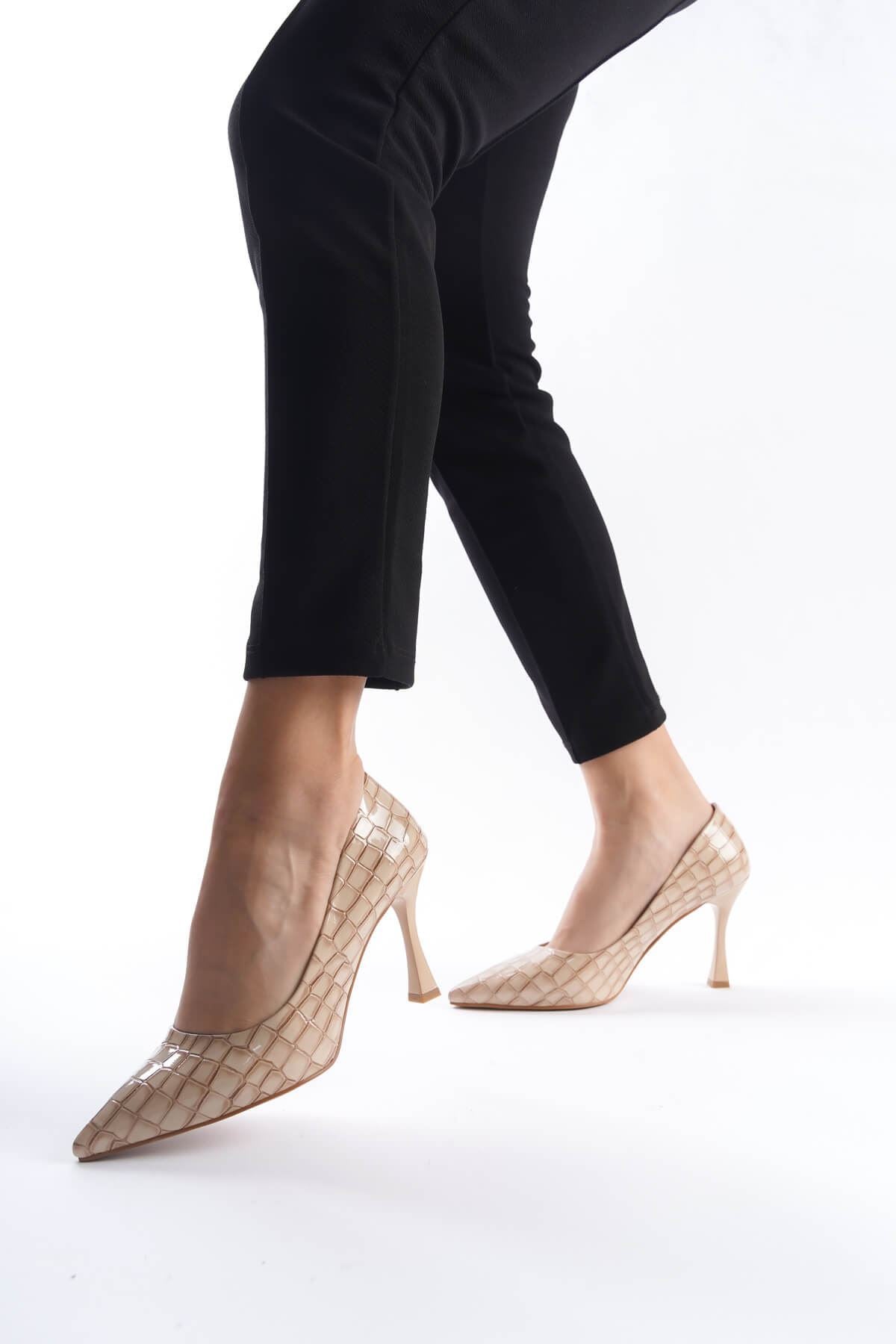 ZR8MS10 Premium Kadın Nude Kroko Rugan Stiletto