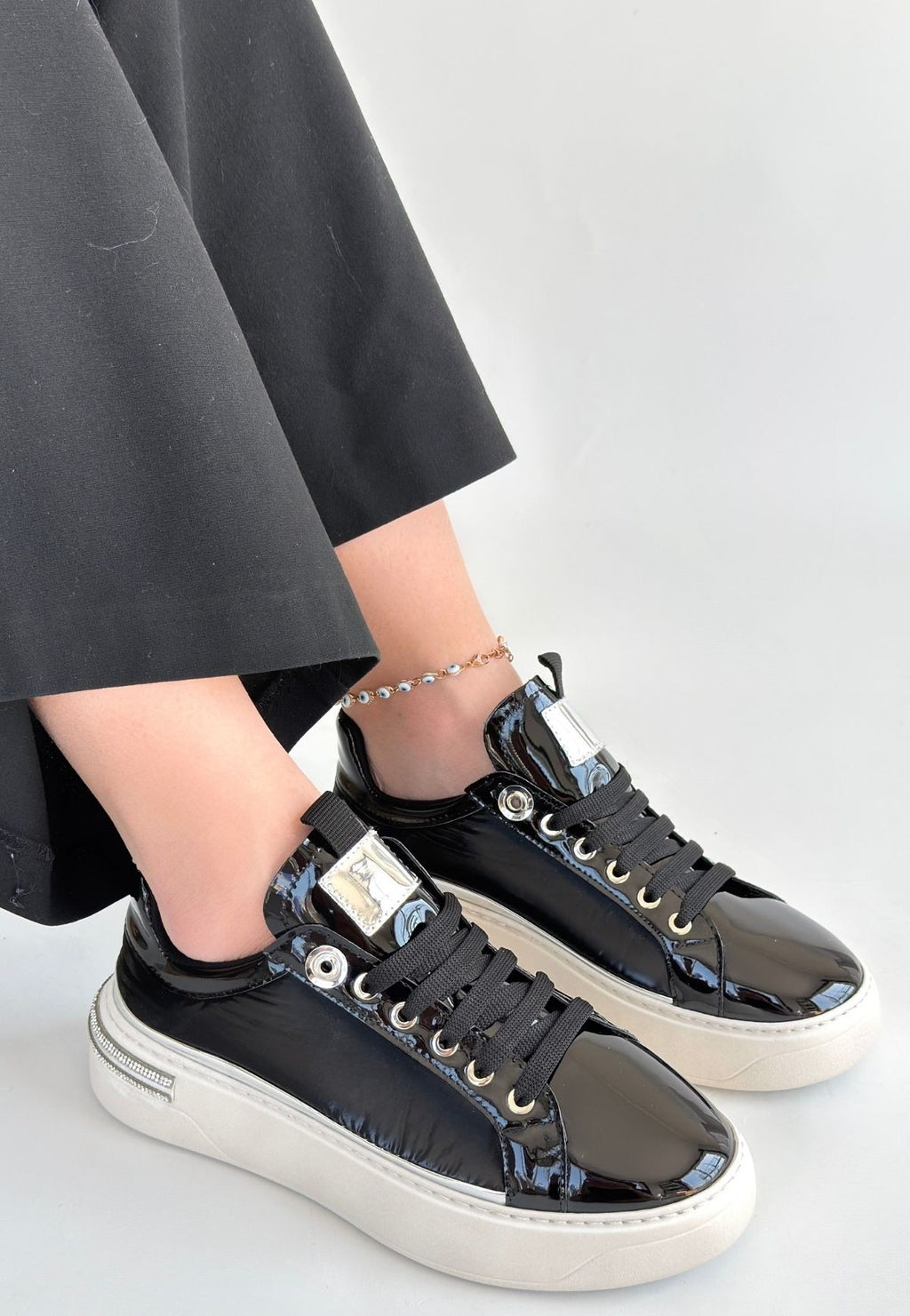 Hley Premium Siyah Rugan Paraşüt Detaylı Bağcıklı Spor Ayakkabı