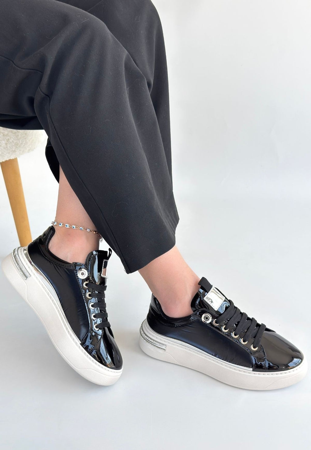 Hley Premium Siyah Rugan Paraşüt Detaylı Bağcıklı Spor Ayakkabı