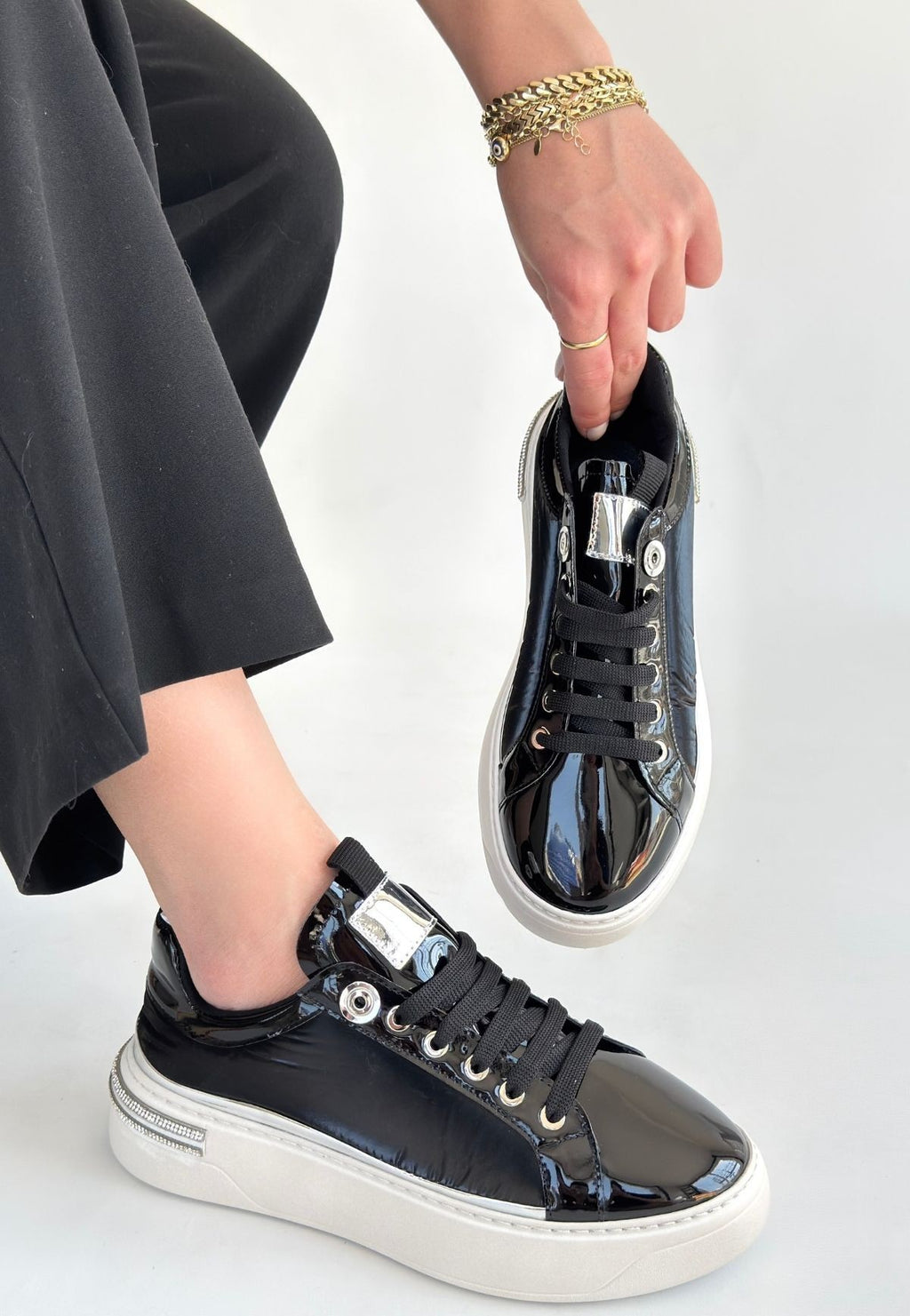 Hley Premium Siyah Rugan Paraşüt Detaylı Bağcıklı Spor Ayakkabı