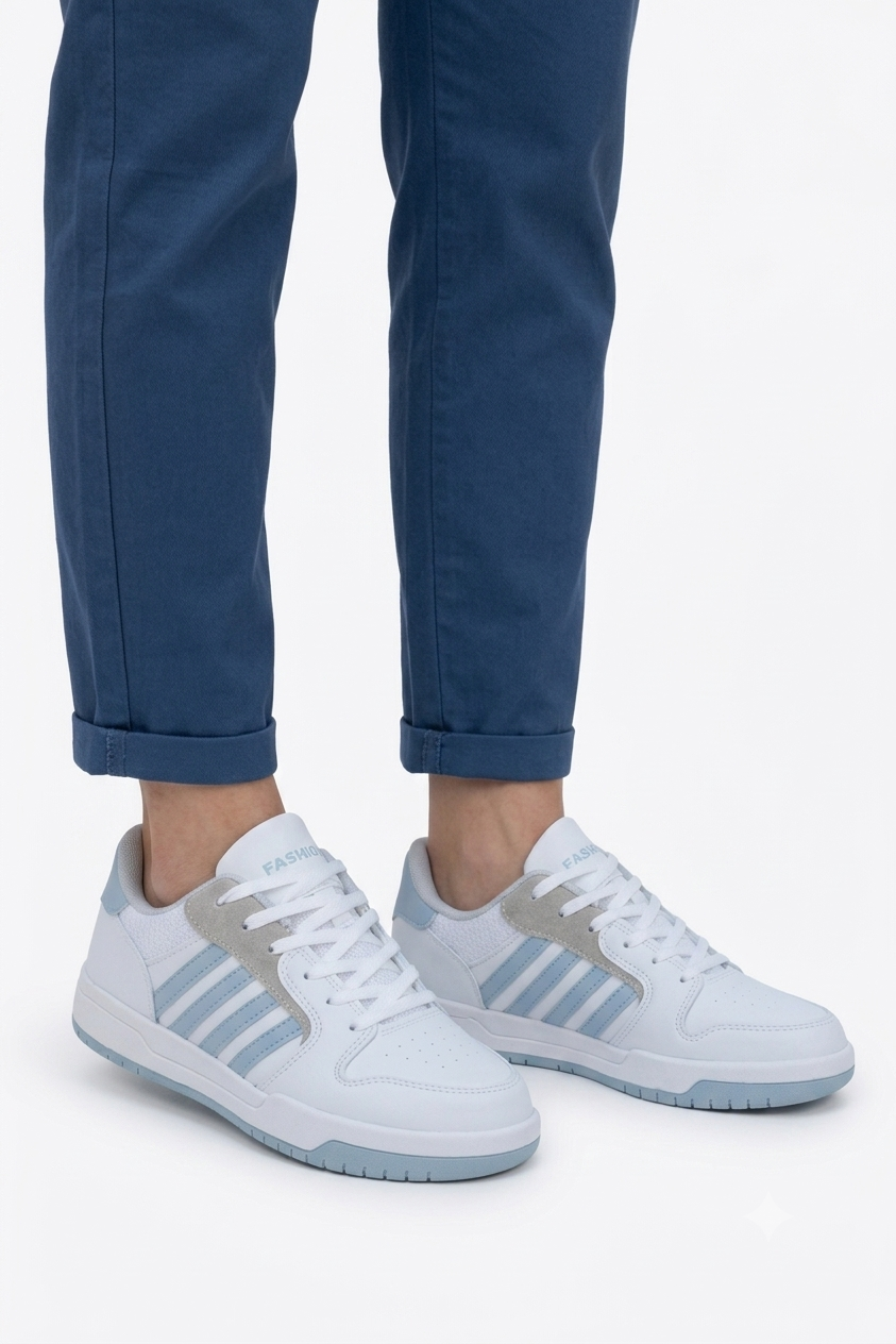 HMNT-2499 Premium Çizgili Beyaz Mavi Kadın Sneaker